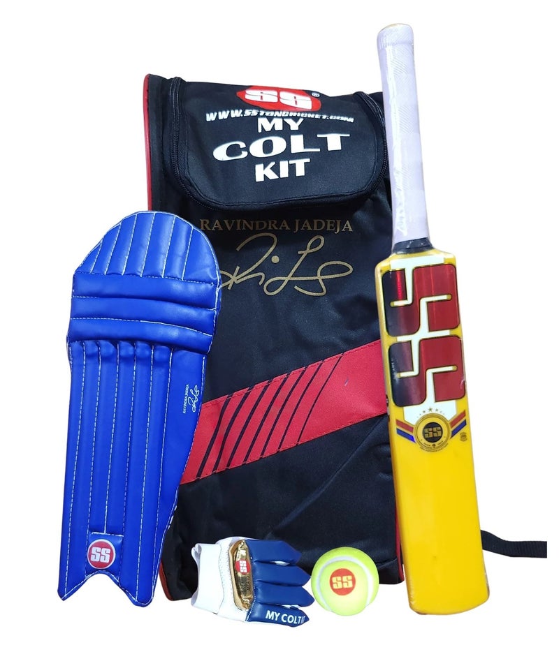 اس اس SS مجموعة أدوات كريكيت كولت جونيور (إصدار رافيندرا جاديجا) - المقاس 0 | مجموعة بداية للأطفال من عمر 3 إلى 6 سنوات تشمل مضرب، كرة، حقيبة، قفازات الضرب، واقيات الساق - Image 1